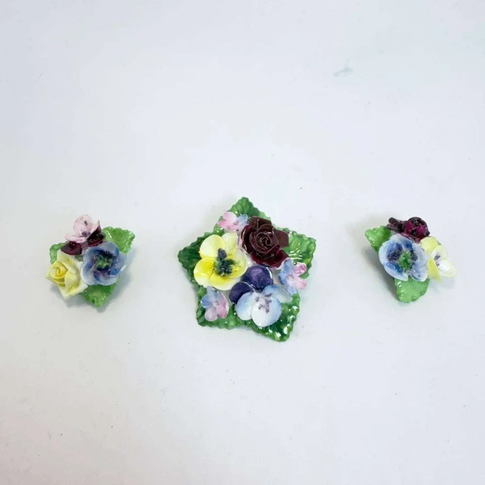 Vintage Made in England Bone China Floral Brooch and Clip On Earrings Set